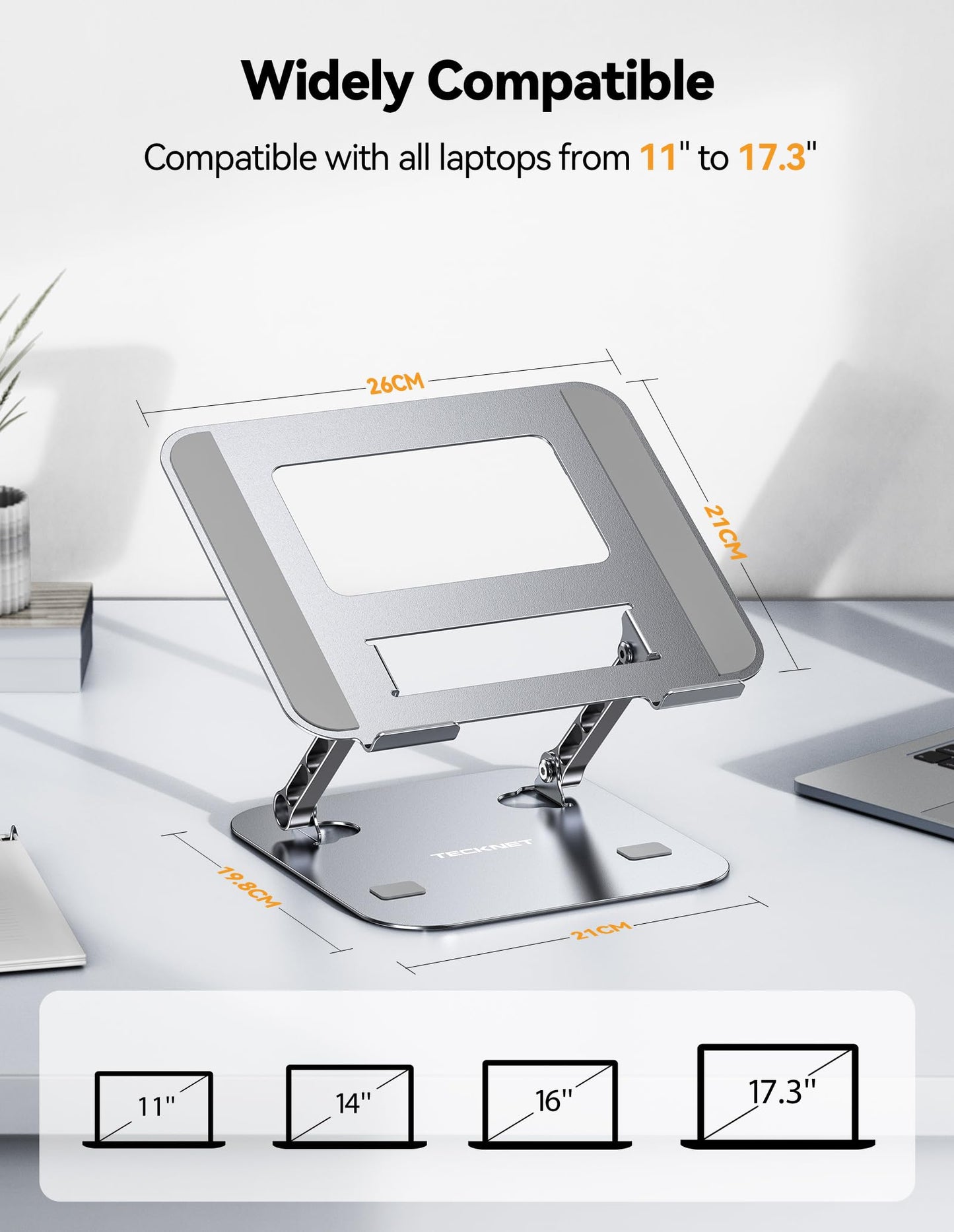 TECKNET Laptop Stand for Desk, Adjustable Laptop Holder, Silver