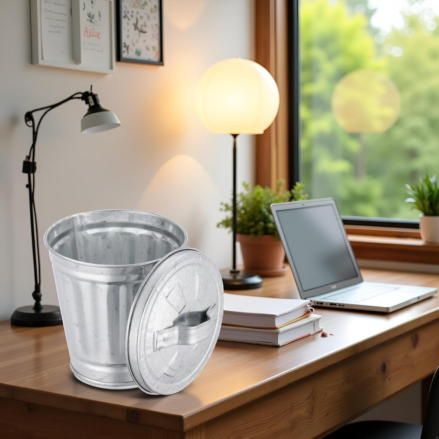 Dwang Silver Mini Galvanized Trash Can with Lid Mini Wastebasket Trash Can Small Metal Buckets Minis Tabletop Trash Metal Rubbish Bin Flower Pot Pen