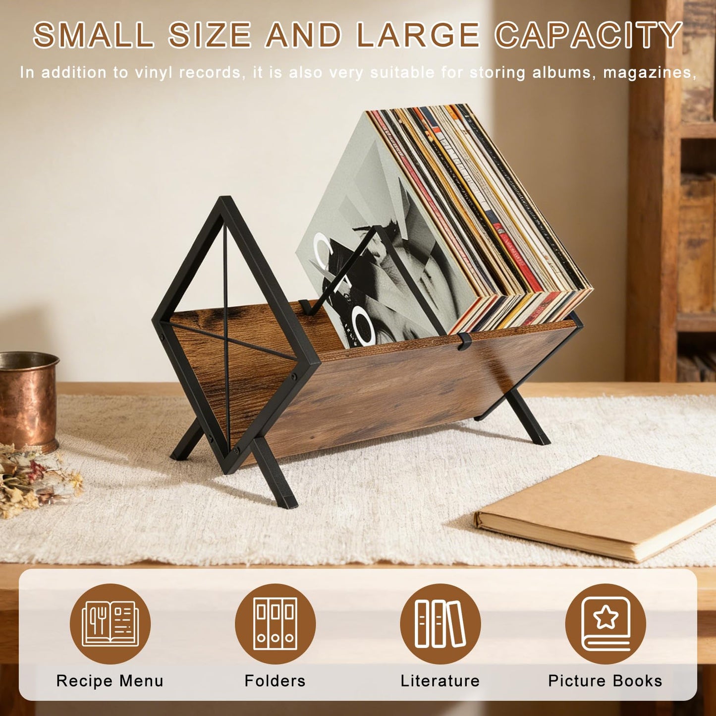 Rzspher Vinyl Record Storage Rack, 80-100 LP Vinyl Record Holder with Anti-Slip Mat, Wooden Record Shelf with Adjustable Divider for Album, CDs