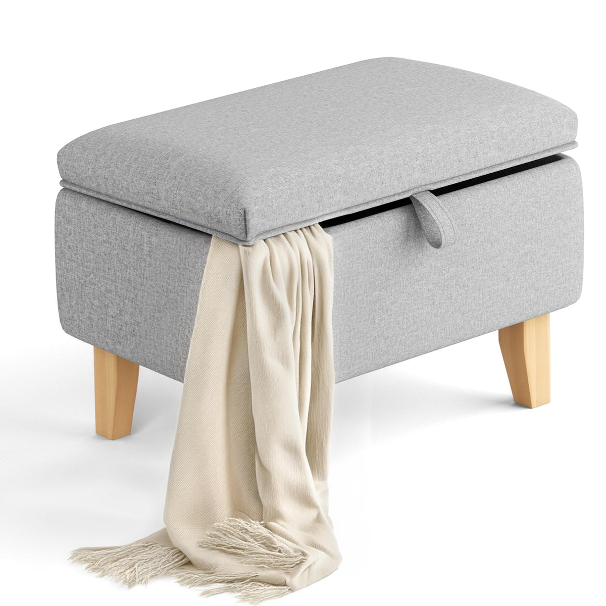 INMOZATA Linen Storage Footstool Upholstered Ottoman Footstool with Storage Pouffe Stool Change Shoe Footrest With Wooden Legs for Living Room