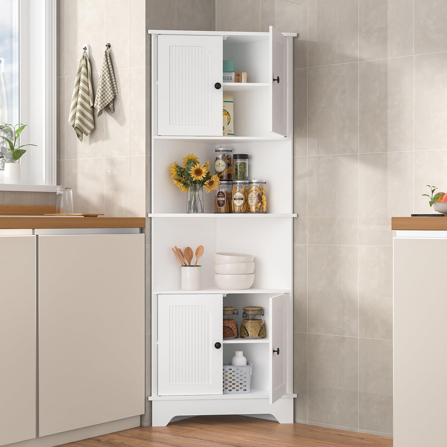 Yvsevnr 173cm Tall Corner Storage Cabinet Wooden 6-Tier Corner Shelf Unit 4 Wooden Doors and 6 Shelves Space Saving Freestanding Sideboard Corner