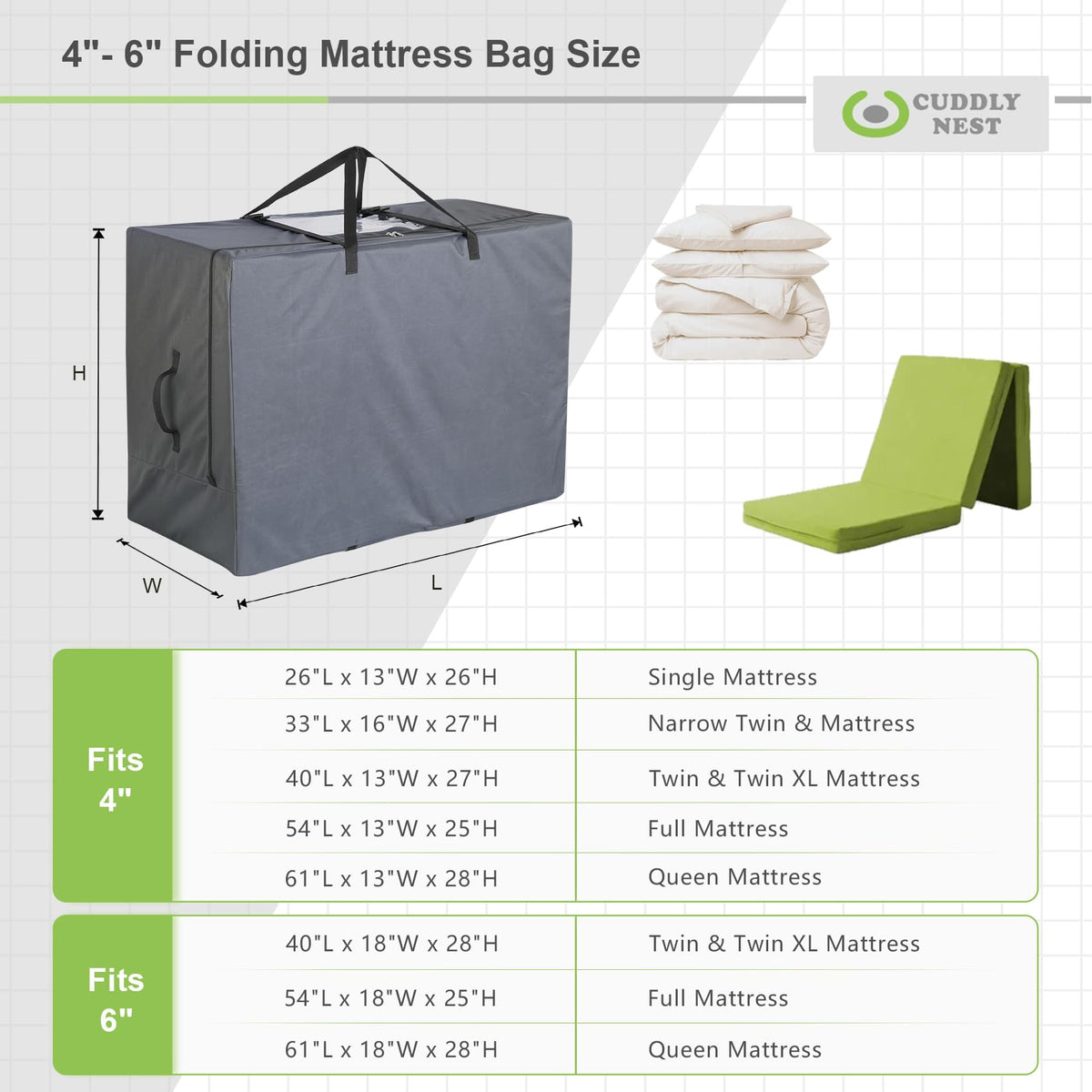 Cuddly Nest Folding Mattress Storage Bag - Heavy Duty Carry Case for Tri-Fold Guest Bed Mattress Fits 6" Queen Mattress