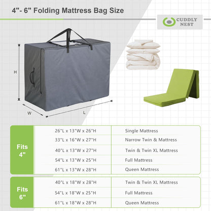 Cuddly Nest Folding Mattress Storage Bag - Heavy Duty Carry Case for Tri-Fold Guest Bed Mattress Fits 6" Queen Mattress