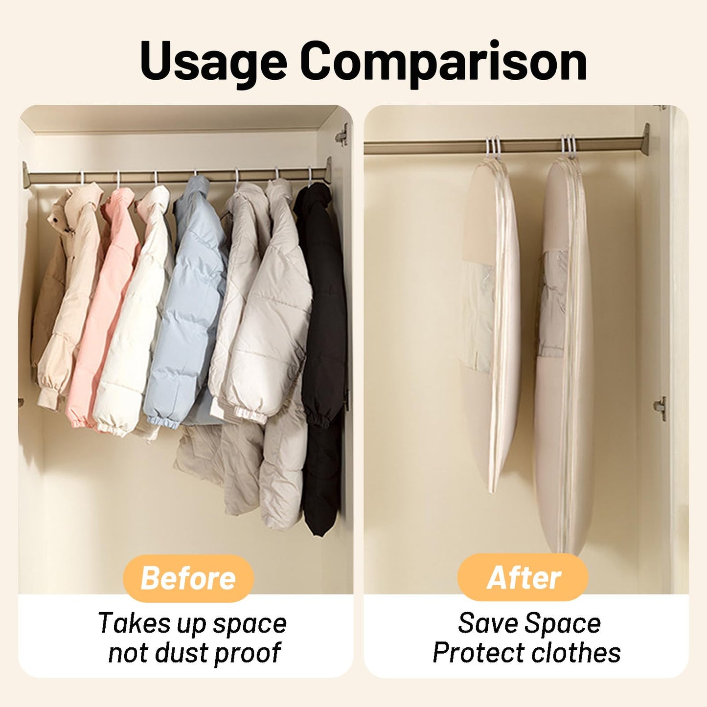 Space Saving Hanging Compression Garment Bag with Zipper for Closet Storage, Hanging Clothes Storage Bag, Garment Covers for Coats and Down Jackets