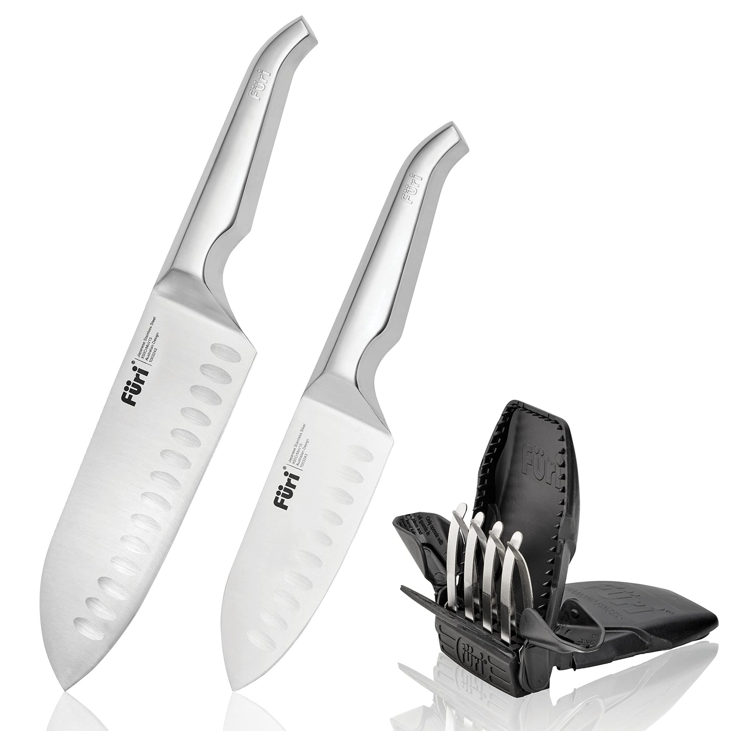 Furi Pro East/West Santoku Knife Set 3 pc, Black Carded Gift Box with Two Premium Knives and Sharpener for a Superior Cutting Performance, Stainless