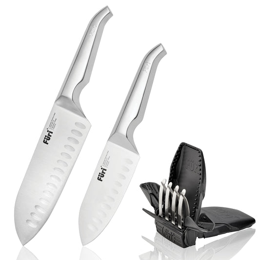 Furi Pro East/West Santoku Knife Set 3 pc, Black Carded Gift Box with Two Premium Knives and Sharpener for a Superior Cutting Performance, Stainless