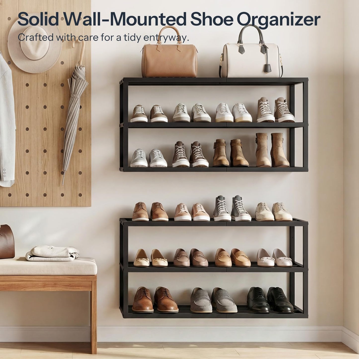 HOOBRO Wall Mounted Shoe Rack, 2-Pack Hanging Metal Shoe Storage Organizer, 3-Tier Vertical Shoe Holder, Metal Shoe Shelf for 18-24 Pairs, Entryway