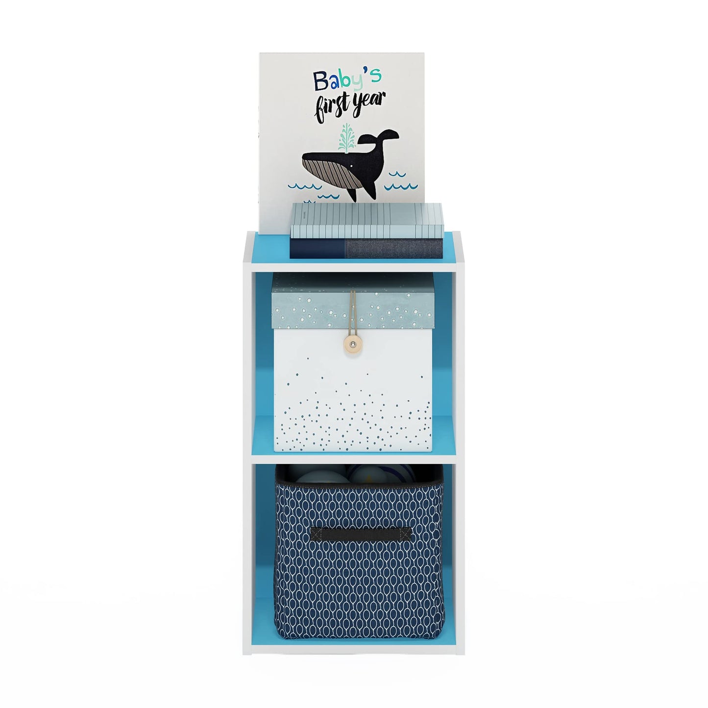 Furinno PASIR Book Shelf, 2-Tier Modern Bookshelf, Open Shelves Bookcase 9 x 12 x 21, for Living Room, Bedroom, Home Office, Light Blue/White