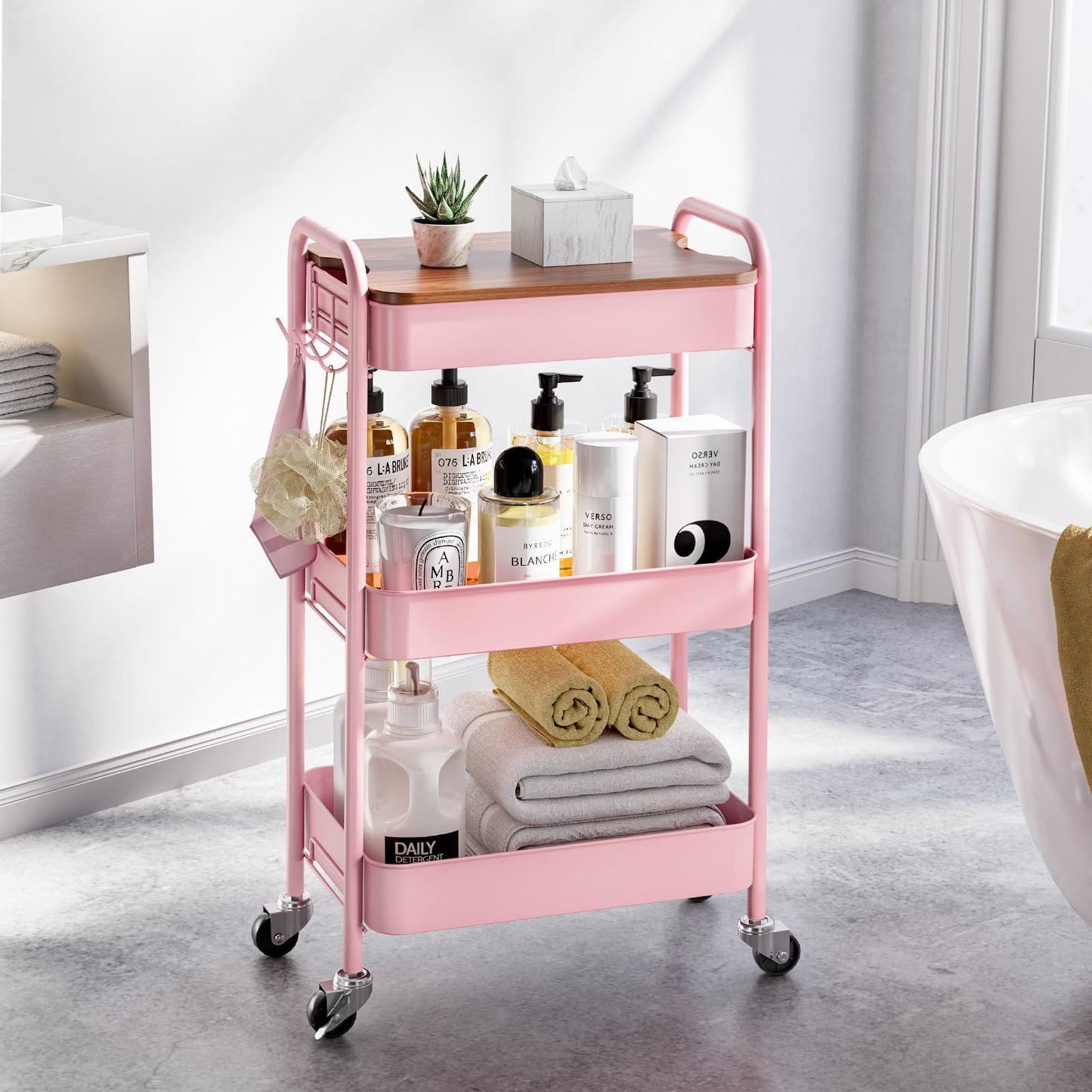 KINGRACK 3-Tier Rolling Storage Trolley, Pink