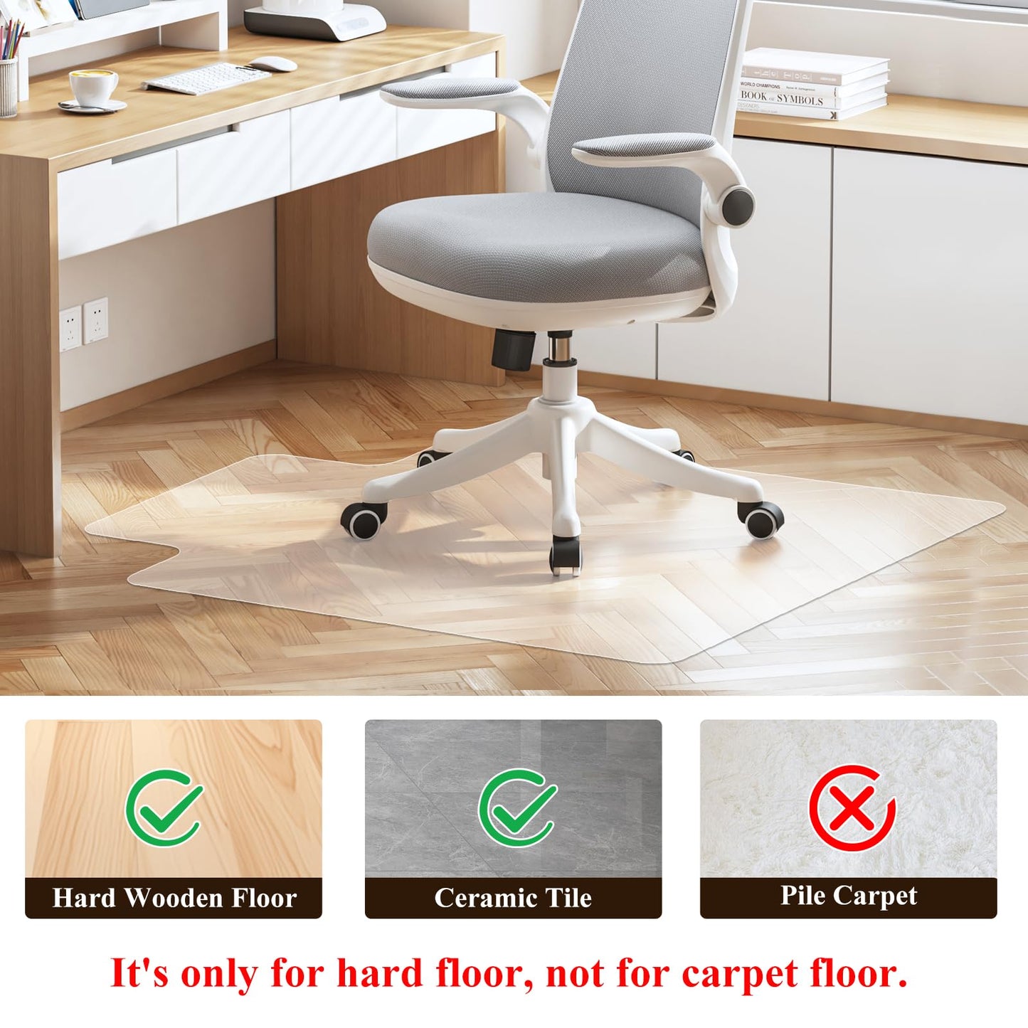 SHAREWIN Office Chair Mat for Hard Wood Floors, 120x90 cm with Lip Heavy Duty Anti-Slip Hardwood Floor Protector Rug, Easy Clean