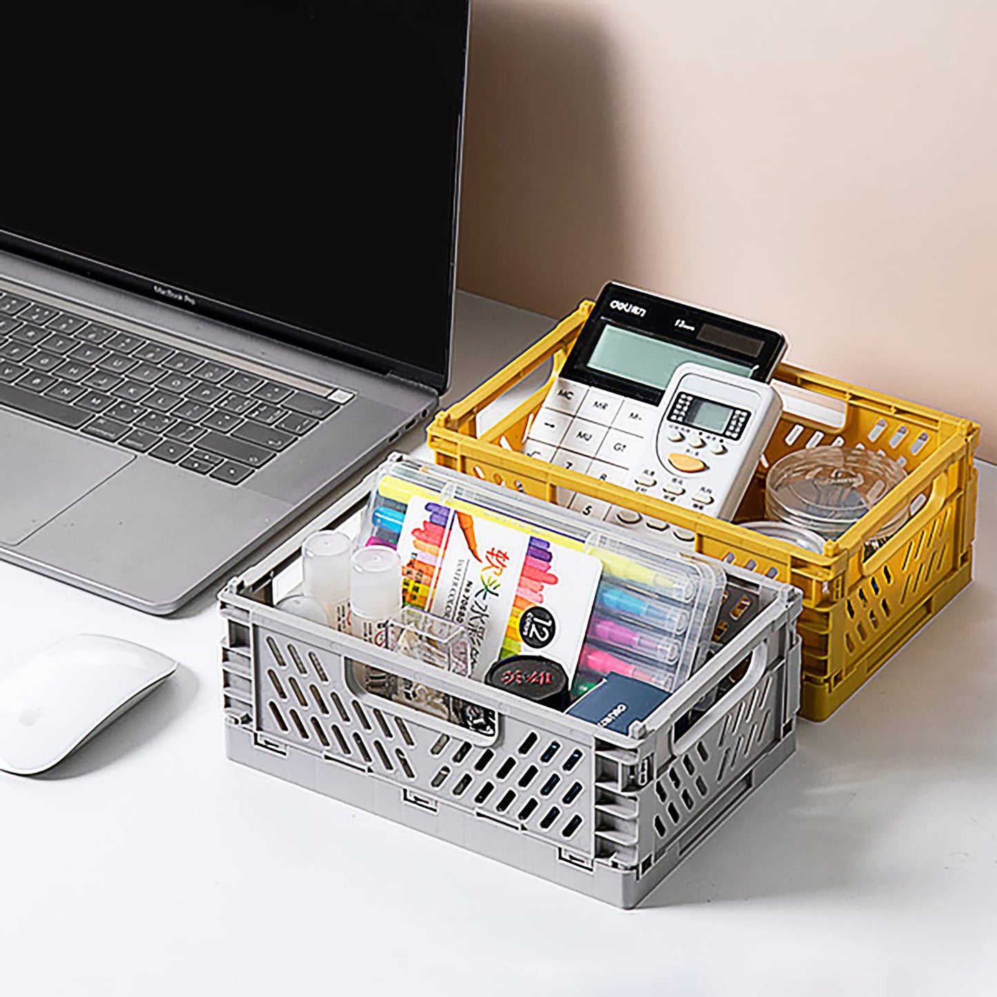 Spesh 2 Pcs Collapsible Storage Boxes Stackable Storage Baskets Folding Plastic Crates Foldable Crate Bins with Handles for Desk,Shelf,Cupboard