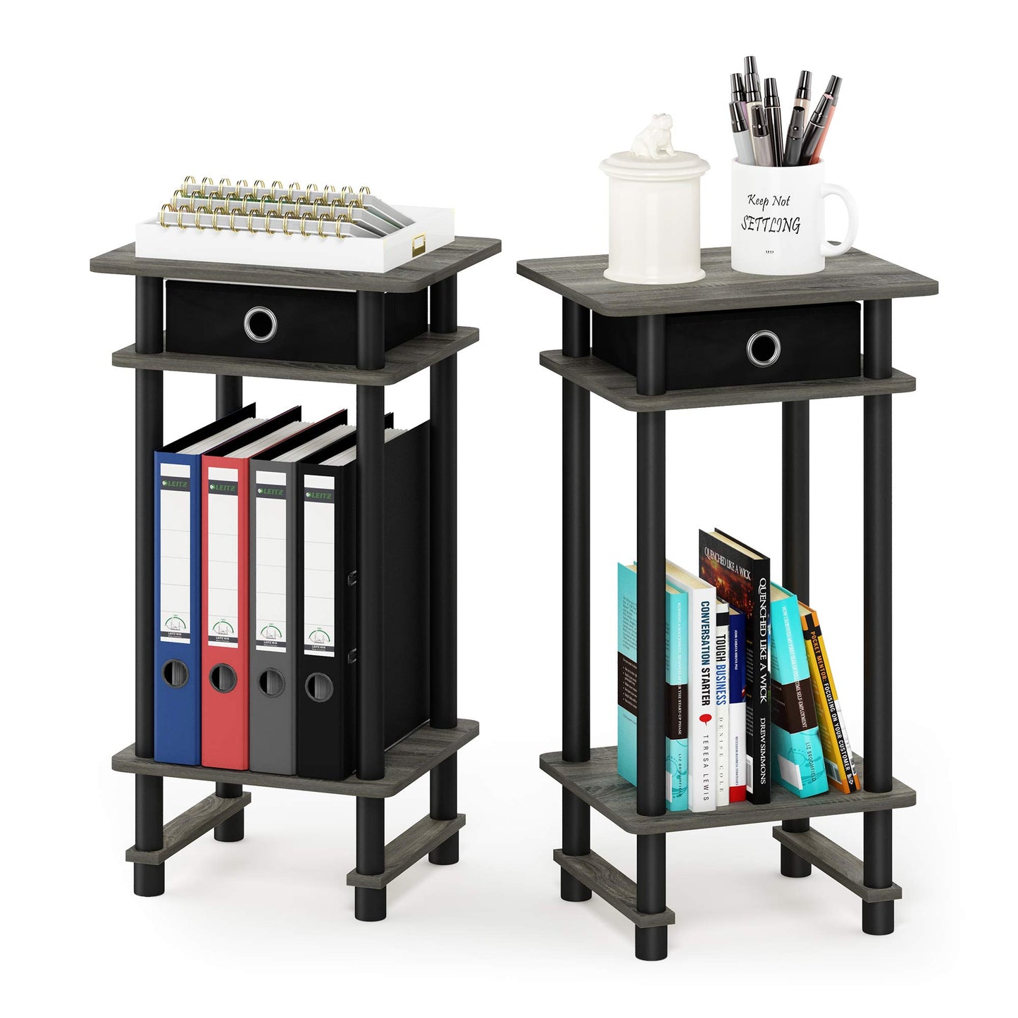 Furinno TURN-N-TUBE Side Table Set of 2, 3-Tier End Table with Storage Bin, Open Shelf Night Stand, Bedside Table, for Living Room, Bedroom