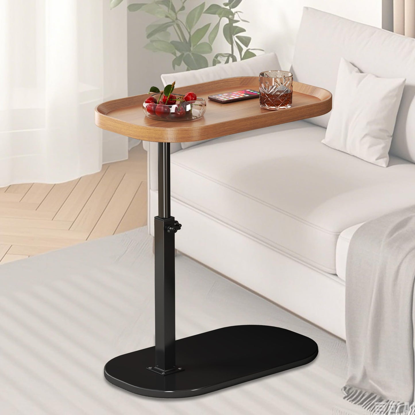 Adjustable Height C Shaped Side Table, Lift up Laptop Tv Tray for Sofa and Bedside, 360°Swivel Small Coffee C Table, Modern Under Sofa Table