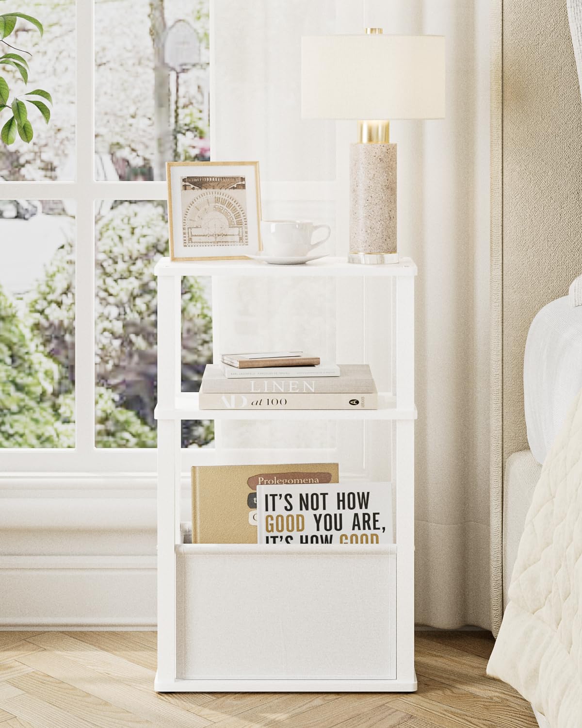 Apetaccat Narrow Side Table for Small Spaces, Slim End Table with Storage Basket, Small Bedside Table for Bedroom