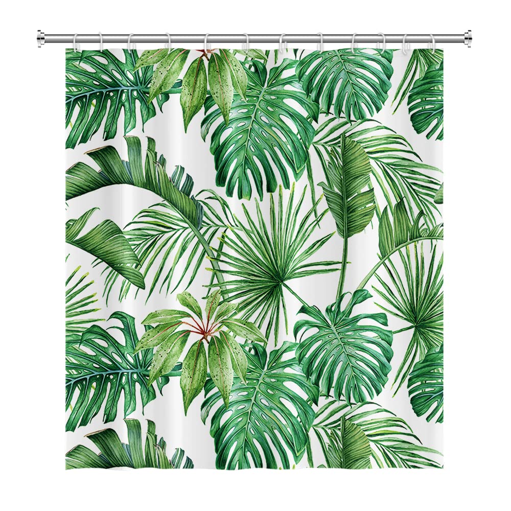 SDOTPMT 72x72 Inch Watercolor Green Palm Leaves Shower Curtain Summer Tropical Botanical Plants Bath Curtain Jungle Banana Monster Leaf Shower Curtain