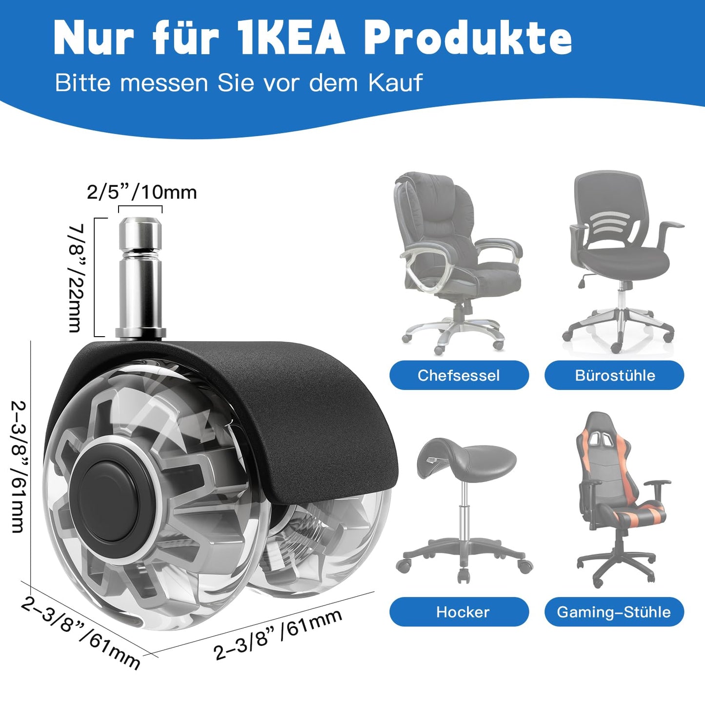Replacement Office Chair Wheels (1000 kg) - 10 x 22 mm Wheels for Office Chairs, Smooth and Quiet Hard Floor Castors