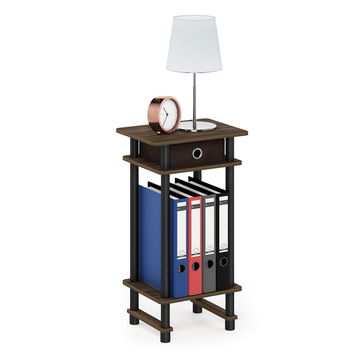 Furinno TURN-N-TUBE Side Table, 3-Tier End Table with Storage Bin, Open Shelf Night Stand, Bedside Table, Toolless Assembly, for Living Room, Bedroom