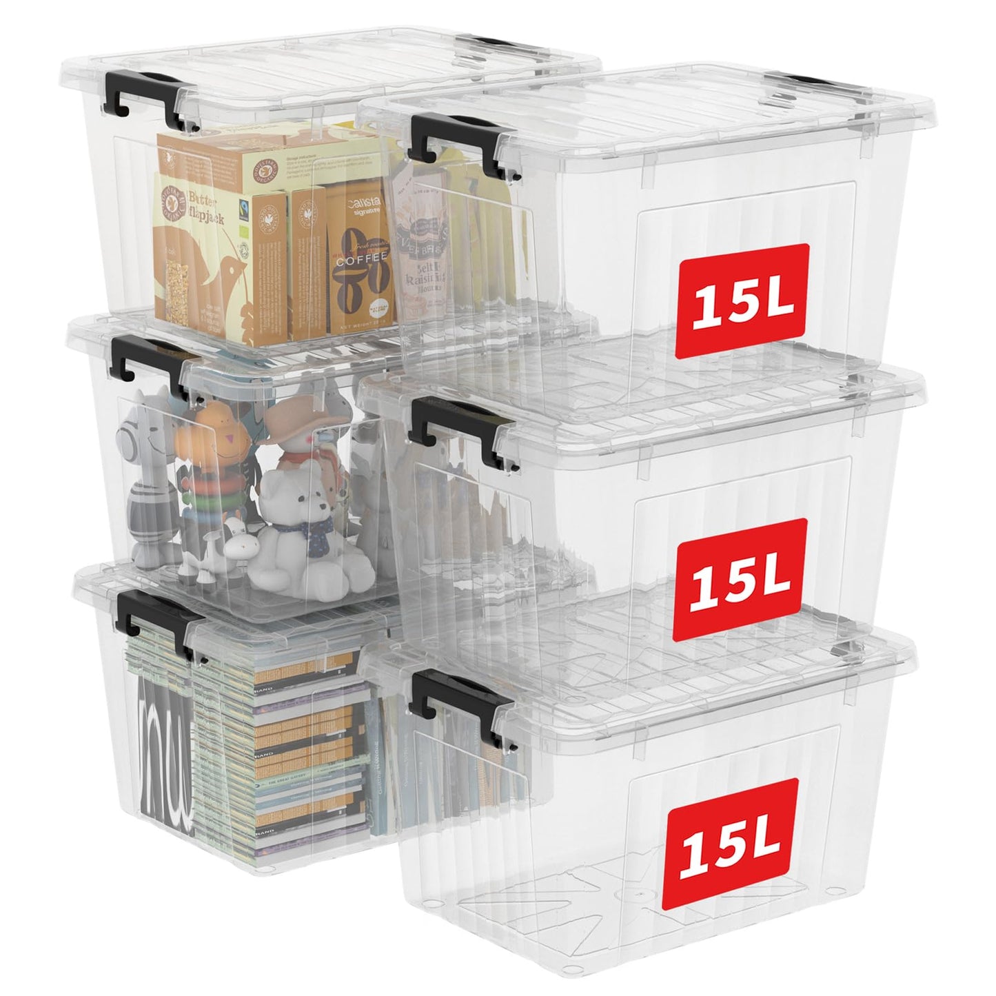 Cetomo 15L*6 Storage Boxes with Lids, Plastic Storage Box with Secure Side Latches, PP Nestable and Stackable Clear Organizer for Home, Office