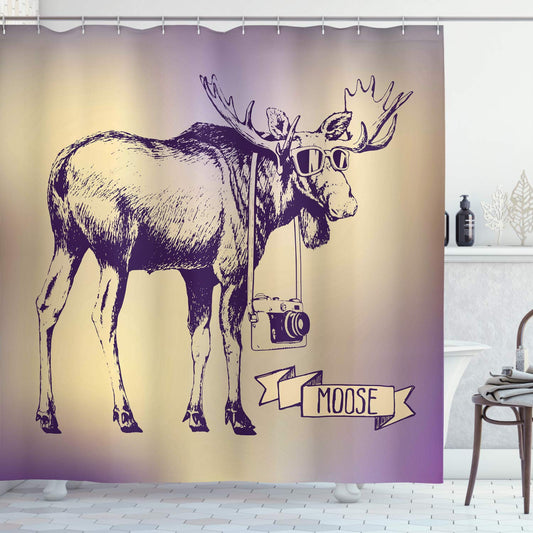 ABAKUHAUS Moose Shower Curtain, Hipster Deer Shade Sunglasses and Camera Vintage Ombre Design Funny Animal Art, Cloth Fabric Bathroom Decor Set with