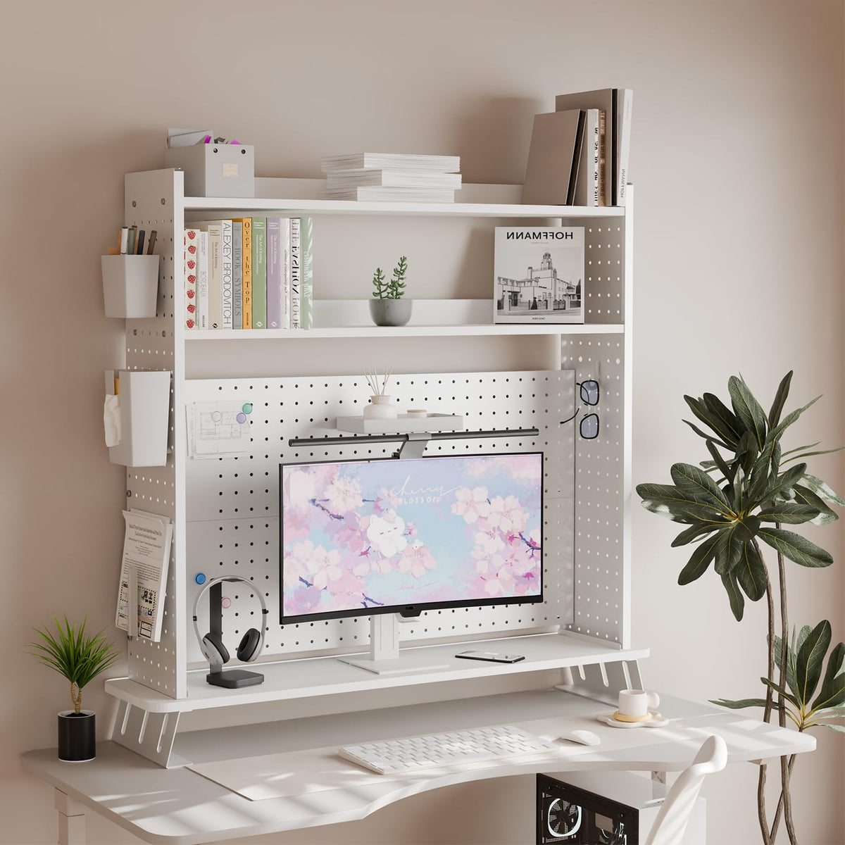 Boltmol 2-Tier Desk Shelf With Monitor Riser,White 100CM, Desktop Organizer With Pegboard, Countertop Storage Bookcase For Home, Office Or Dorm