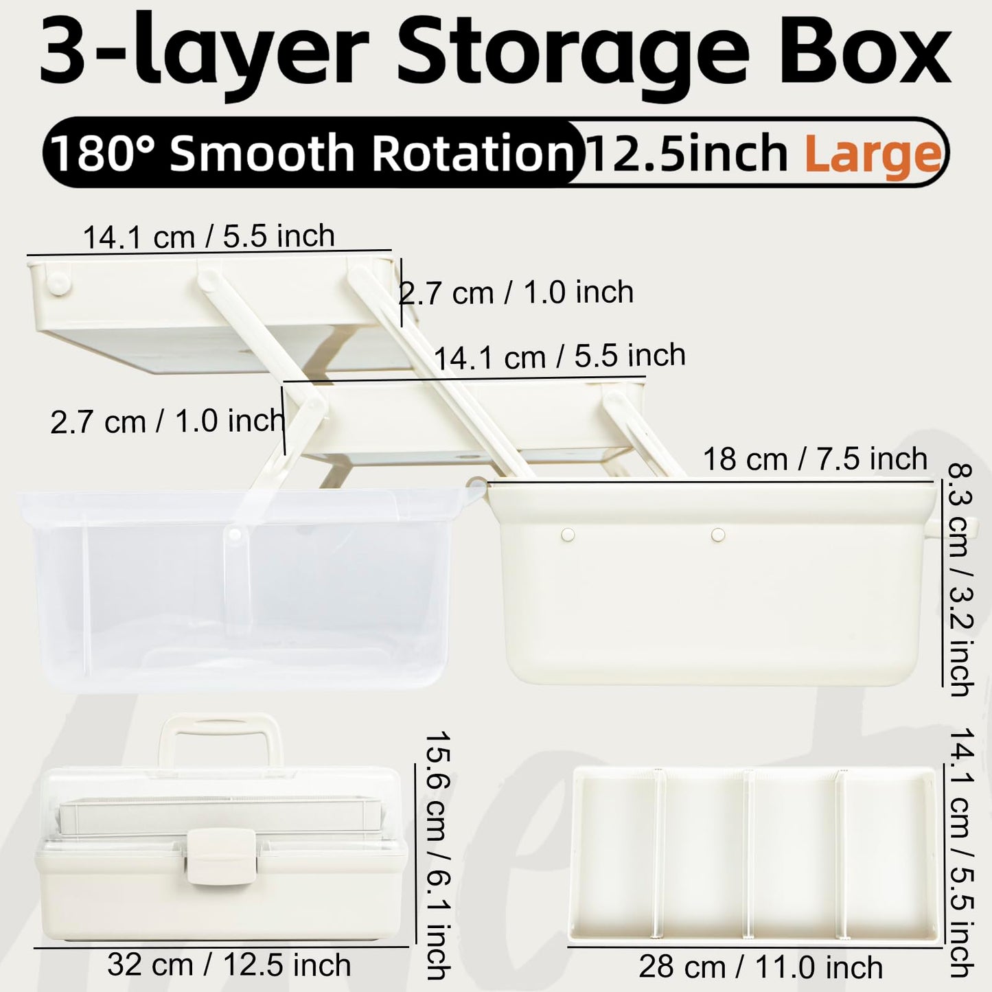 Creahaus 12.5in 3 Layer Multipurpose Storage Box/Craft Storage Boxes With Compartments/Plastic Tool Box/Medicine Storage Box/Hair Accessories