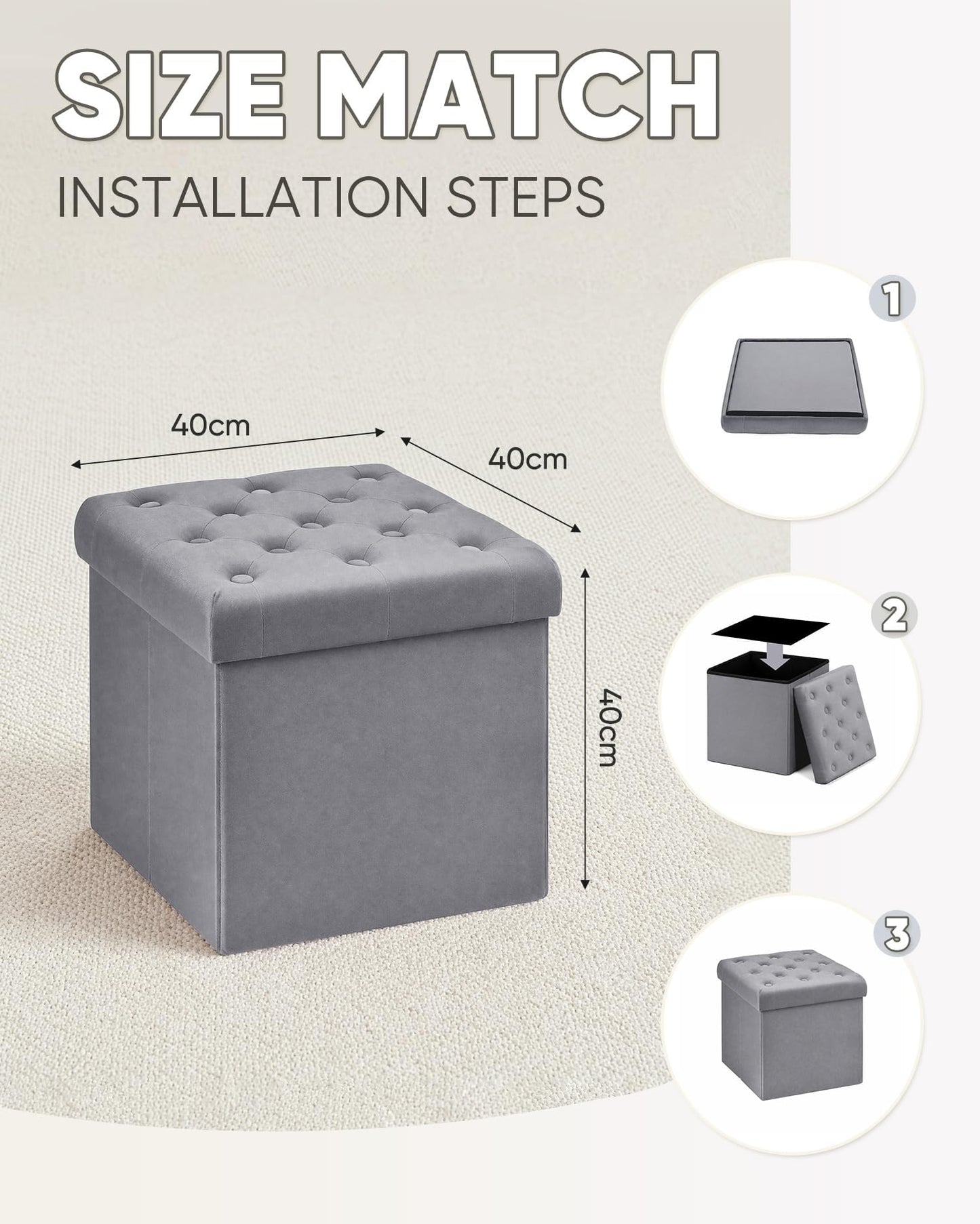 Bonlife Velvet Foldable Storage Ottoman Cube,Grey Footstool with Lid,40cm