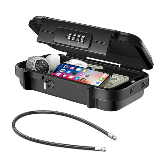 Hurinan Portable Safe Box with Code, [Waterproof & Anti-Theft]Travel Safe, Combination Security Case Lock Box with Removable Wire Rope, for Beach,