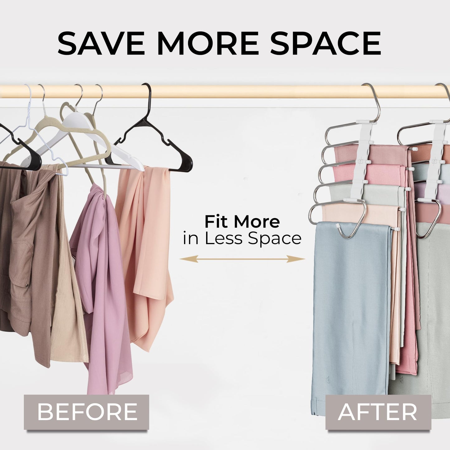 MORALVE Trousers Hangers Space Saving - 2 Pack - Non-Slip Multi-Layer Space Saving Hangers - Multifunctional Clothing Rack for Closet Storage