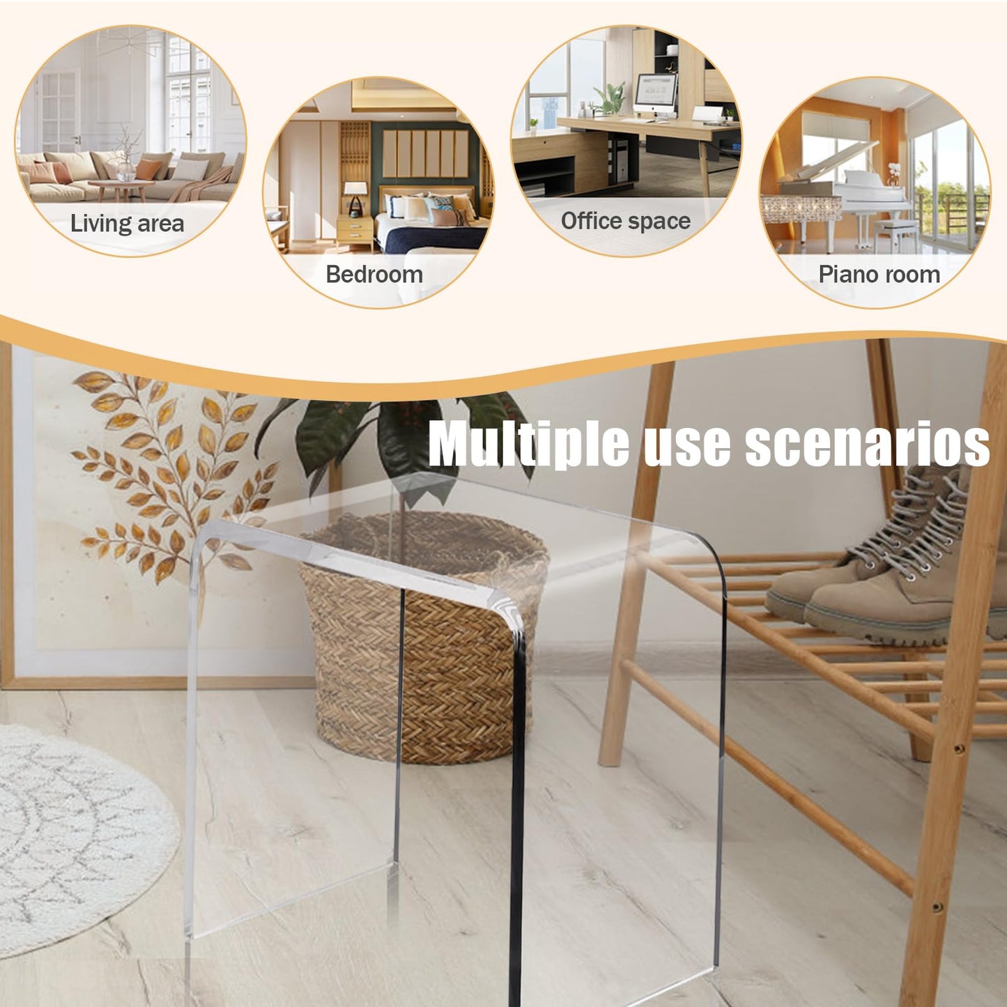 Clear Acrylic U Shaped End Table, Transparent Perspex Plastic Shower Stool, Stylish Modern Coffee Table with Rounded Edges
