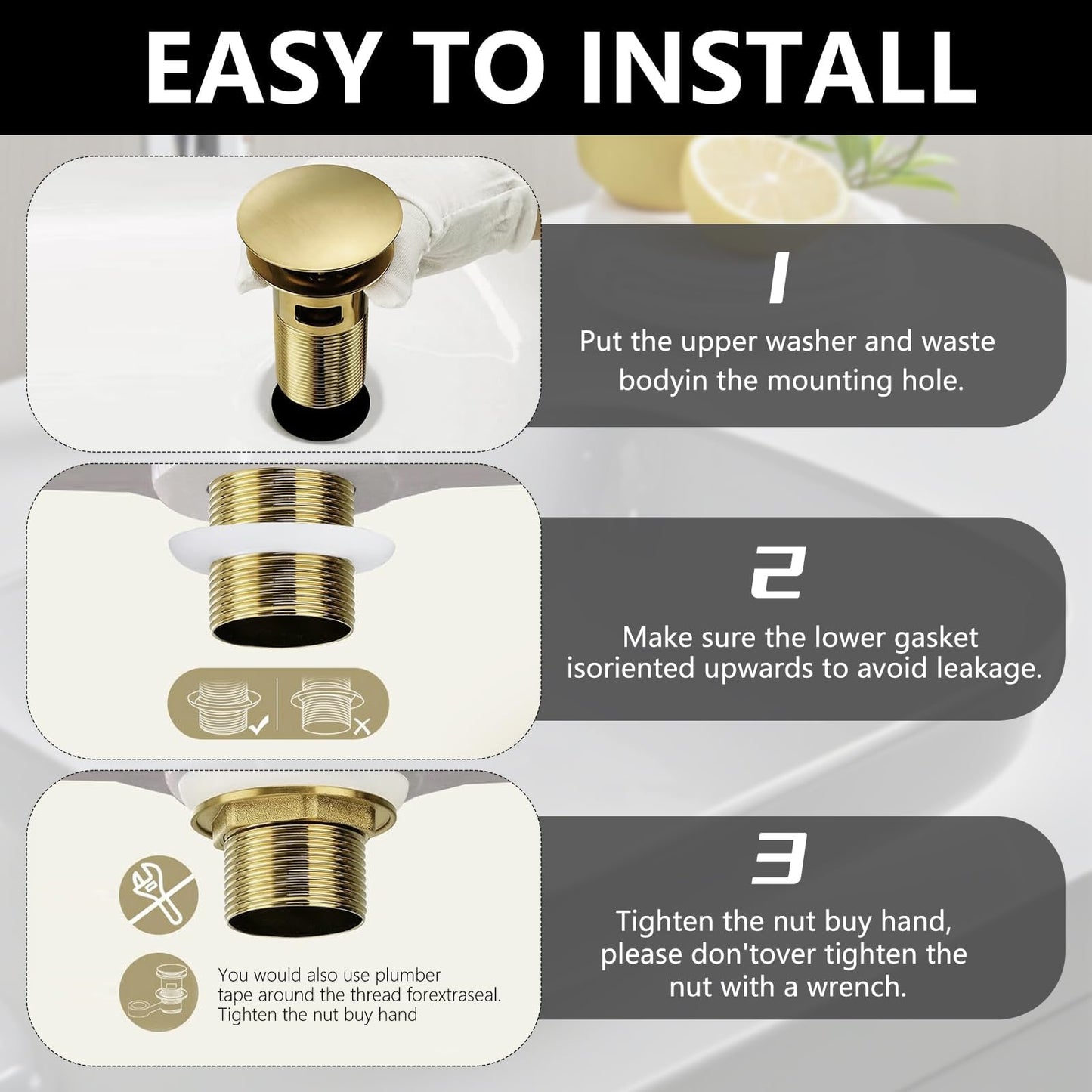 NIYATA Brushed Gold Pop Up Basin Waste with Overflow, 1 1/4" Click Clack Sink Plug for Bathroom, Slotted Push Button Waste for Vessel Sinks