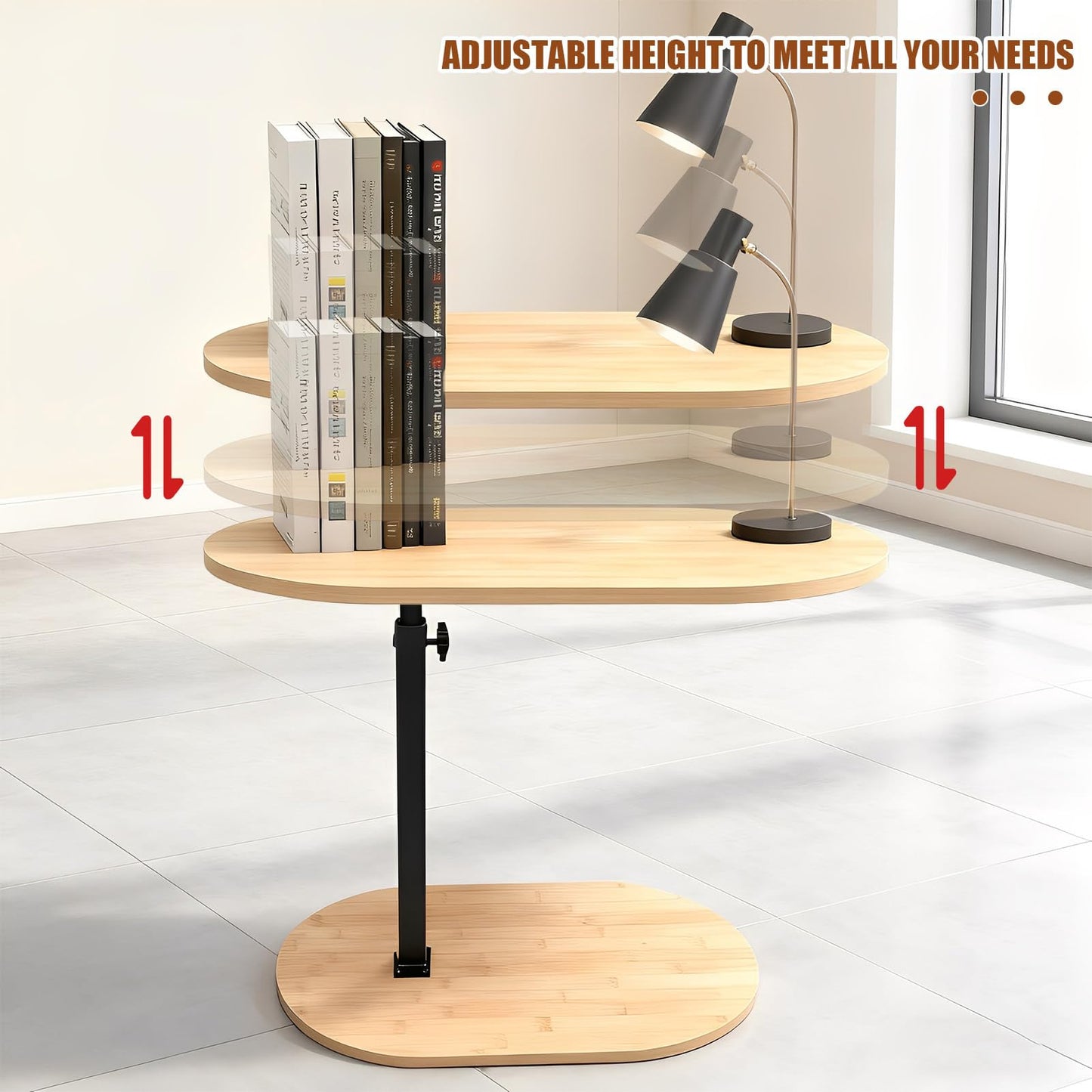 YASHIIN C-Shaped Bamboo Side Table， with Rotating TV Tray， Perfect for Living Room BedSofa Use, 40 to 75 cm Height 360° Rotatable Top, Sturdy Design