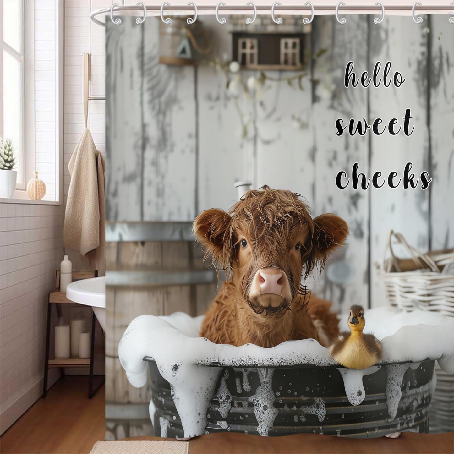 Hnmdmyi Funny Highland Cow Shower Curtain 120x200, Farmhouse Western Animal Cattle Duck Bathing in Bubbly Bathtub Bathroom Curtains Waterproof