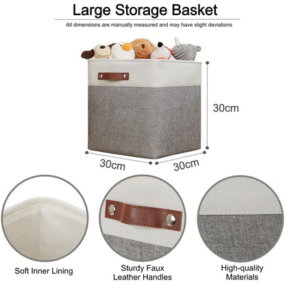 VIIHTYISA Fabric Storage Box, 4-Piece Set 30x30x30cm Cube Storage Boxes with Faux Leather Handle for Cube Shelves, Closet, Wardrobes | Grey & White