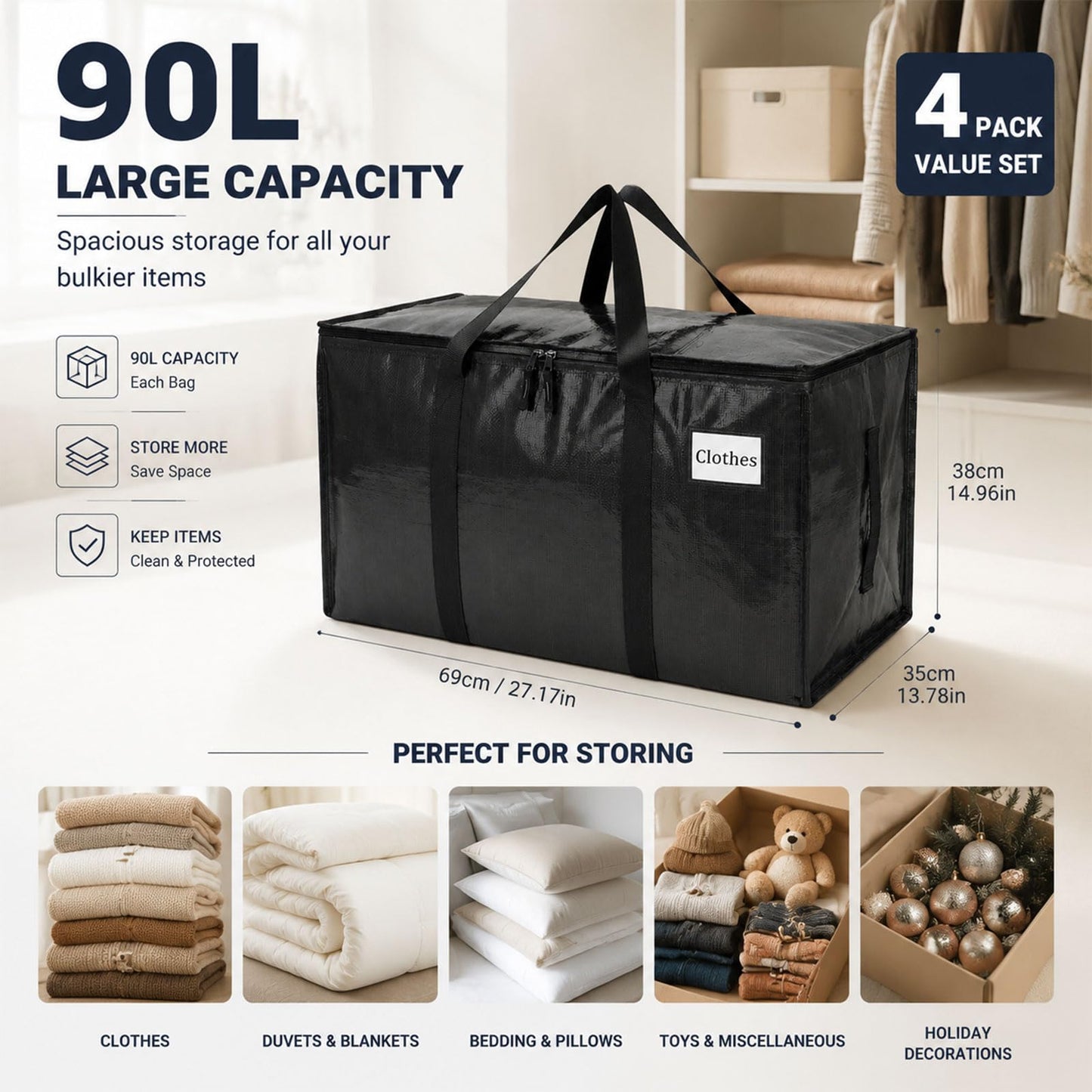 4-Pack 90L Heavy Duty Extra Large Storage Bags - Thicker Waterproof with Zips, Heavy-Duty Moving Bags for Clothing, Bedding, Travel, Camping