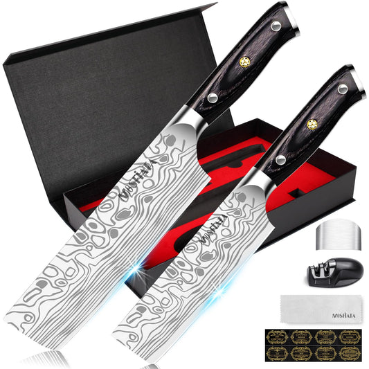 MOSFiATA Nakiri Kitchen Knife, 7?&5.5" Professional Chef Knife Set, German Stainless Steel Ultra Sharp Cooking Knife, Japanese Vegetable Knives Set