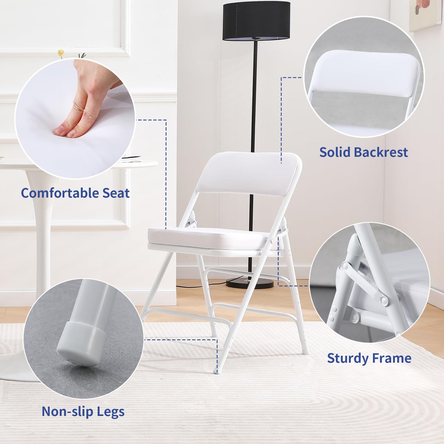 KAIHAOWIN Metal Folding Chairs with Vinyl Padded Seat Indoor Comfortable Upholstered Foldable Chairs with Ultra Thick Cushion-White
