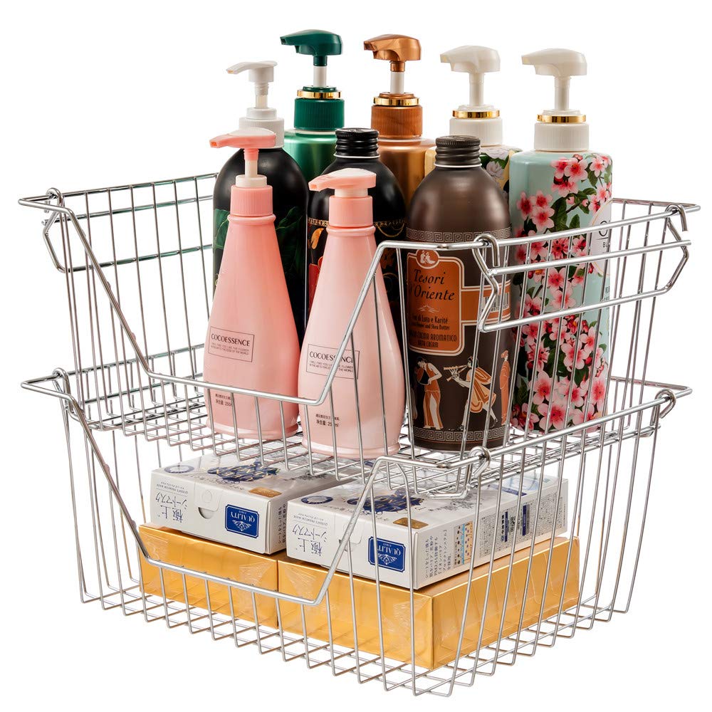 Stackable Wire Storage Organizer Baskets Cabinet Organizing Sturdy Metal Wire Pantry Freezer Bins for Home Bathroom Fridge Kitchen Shelves