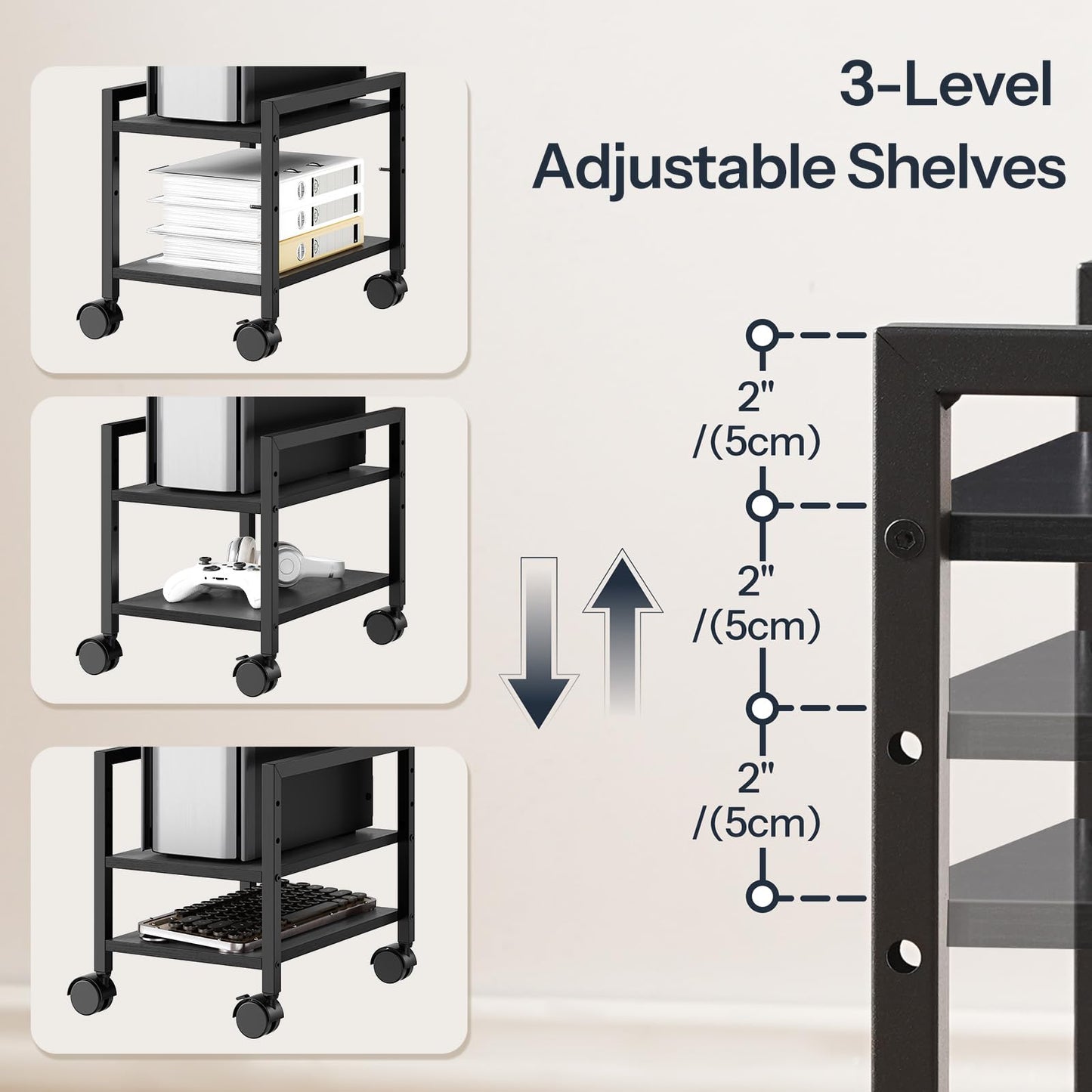 HOOBRO Computer Tower Stand, 2-Tier Computer Tower Cart, Printer Table, PC Stand Under Desk, Mobile Rolling Cart with Wheels, Height Adjustable