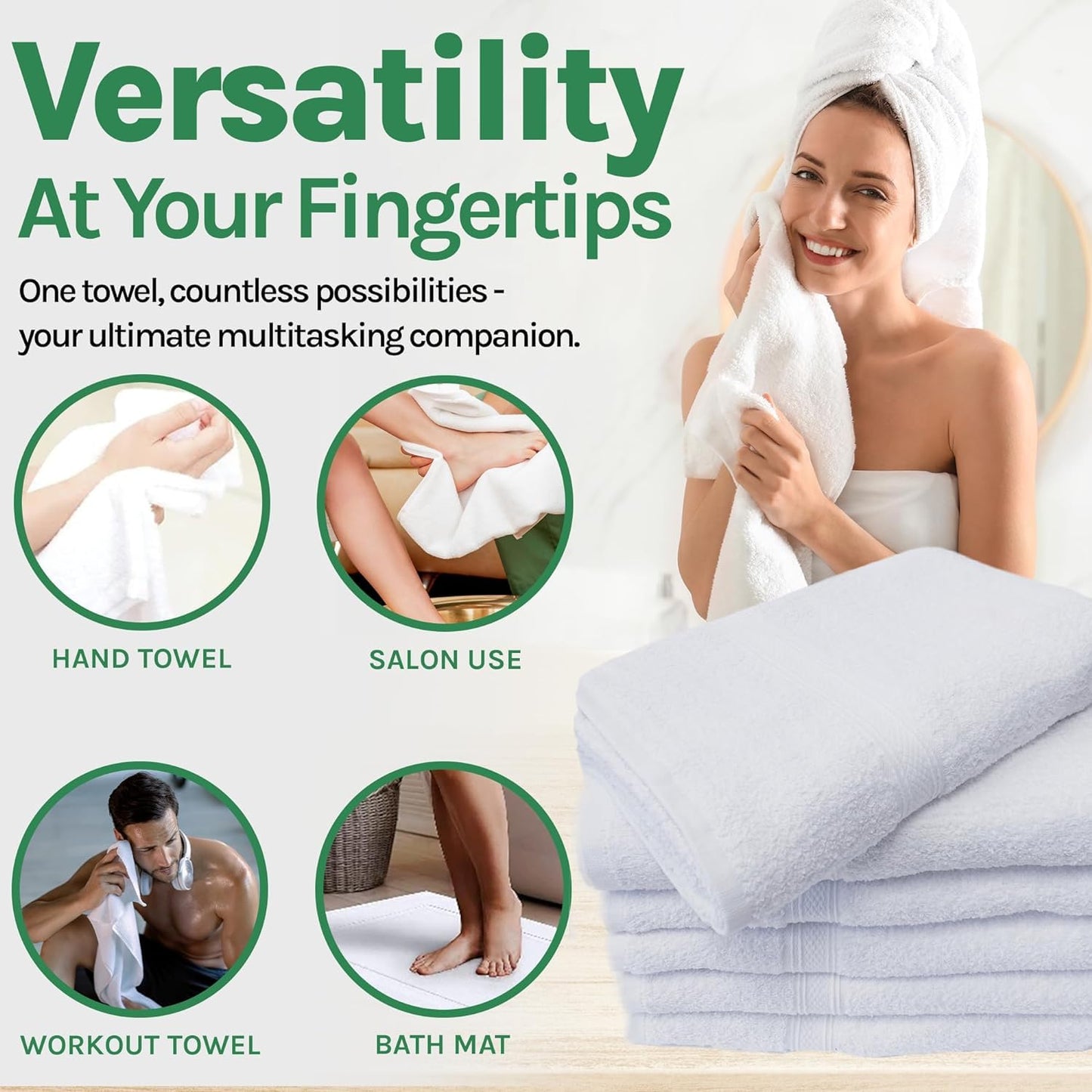 Towels N More 15X25 Hand Towels - 24 Pack White Soft 100% Cotton Ring Spun Loops - Highly Absorbent and Quick Drying Premium Fluffy and Plush Linen