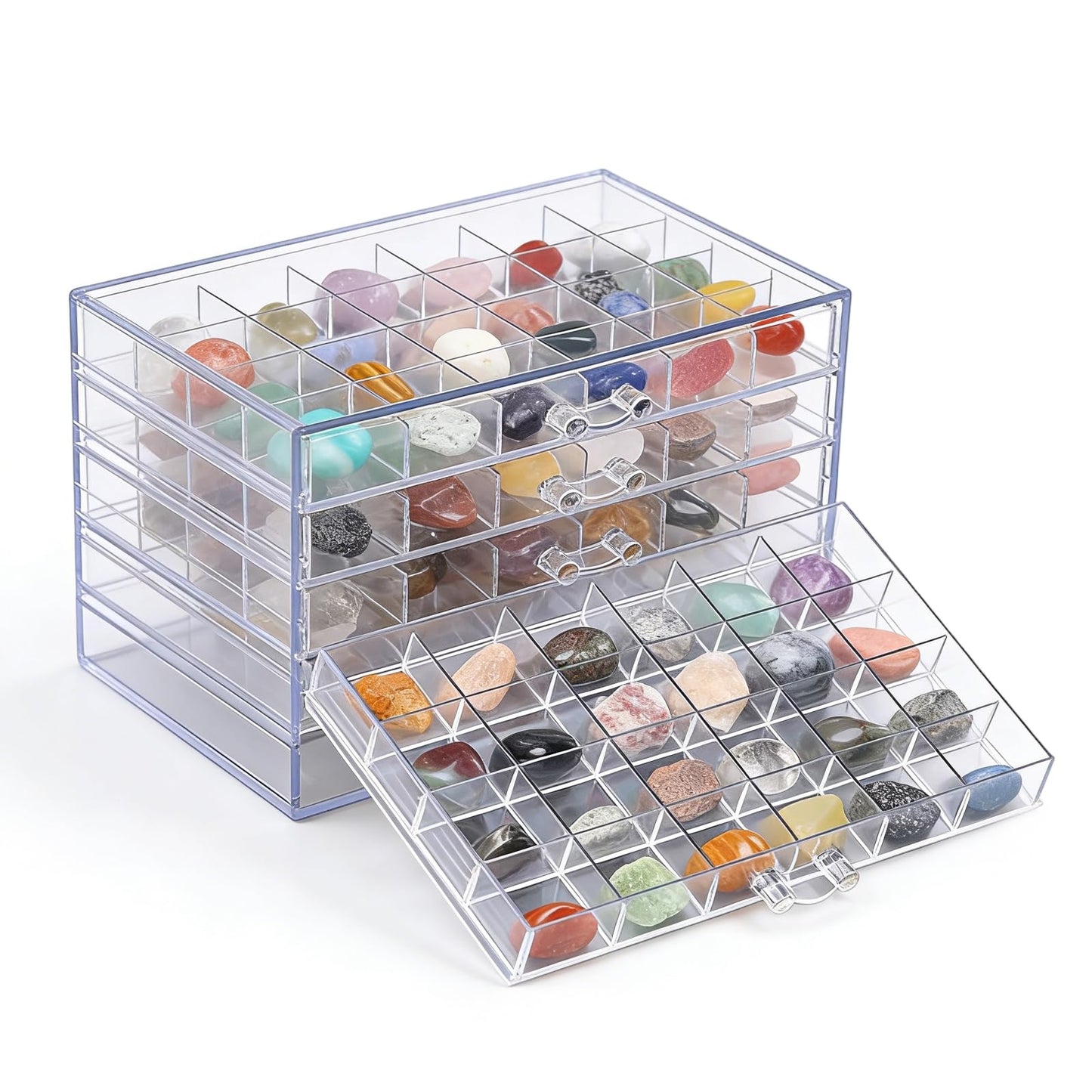 NEUSID Rock Display Case, 5 Drawers Rock Collection Box with 120 Grids Clear Acrylic Gemstone Crystal Jewellery Display Storage Cases for Rings