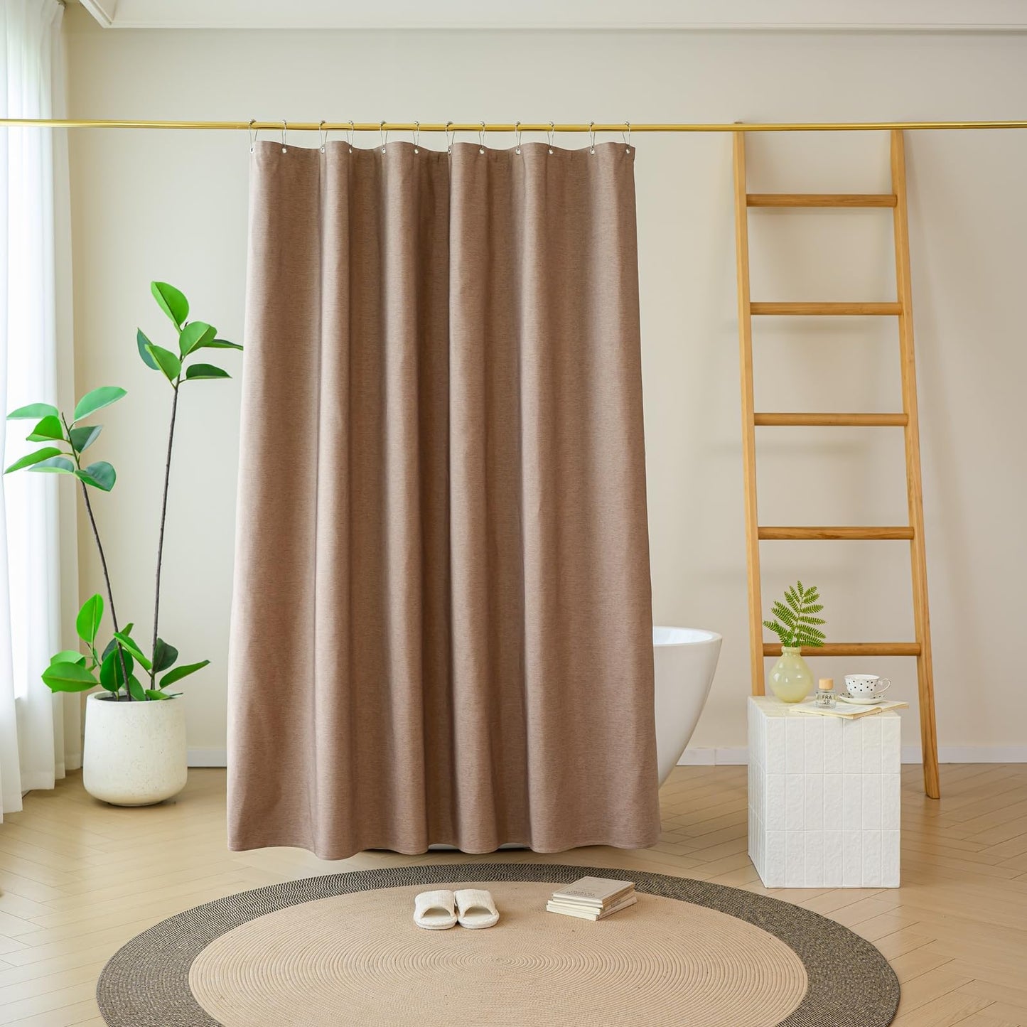 Yofori Khaki Shower Curtain for Bathroom, Fabric Shower Curtains Faux Linen Polyester Wet Room Shower Curtains Sets with Metal Hooks, 183x183cm
