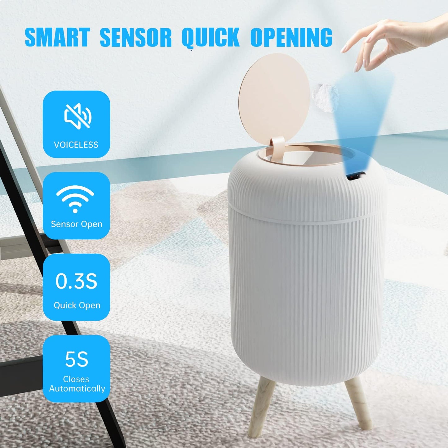 Automatic Bathroom Bin with Lid,Smart Touchless Bedroom Bin with Legs, Plastic Modern Sensor Waste Garbage Motion Trash Can for Bedroom Office Living