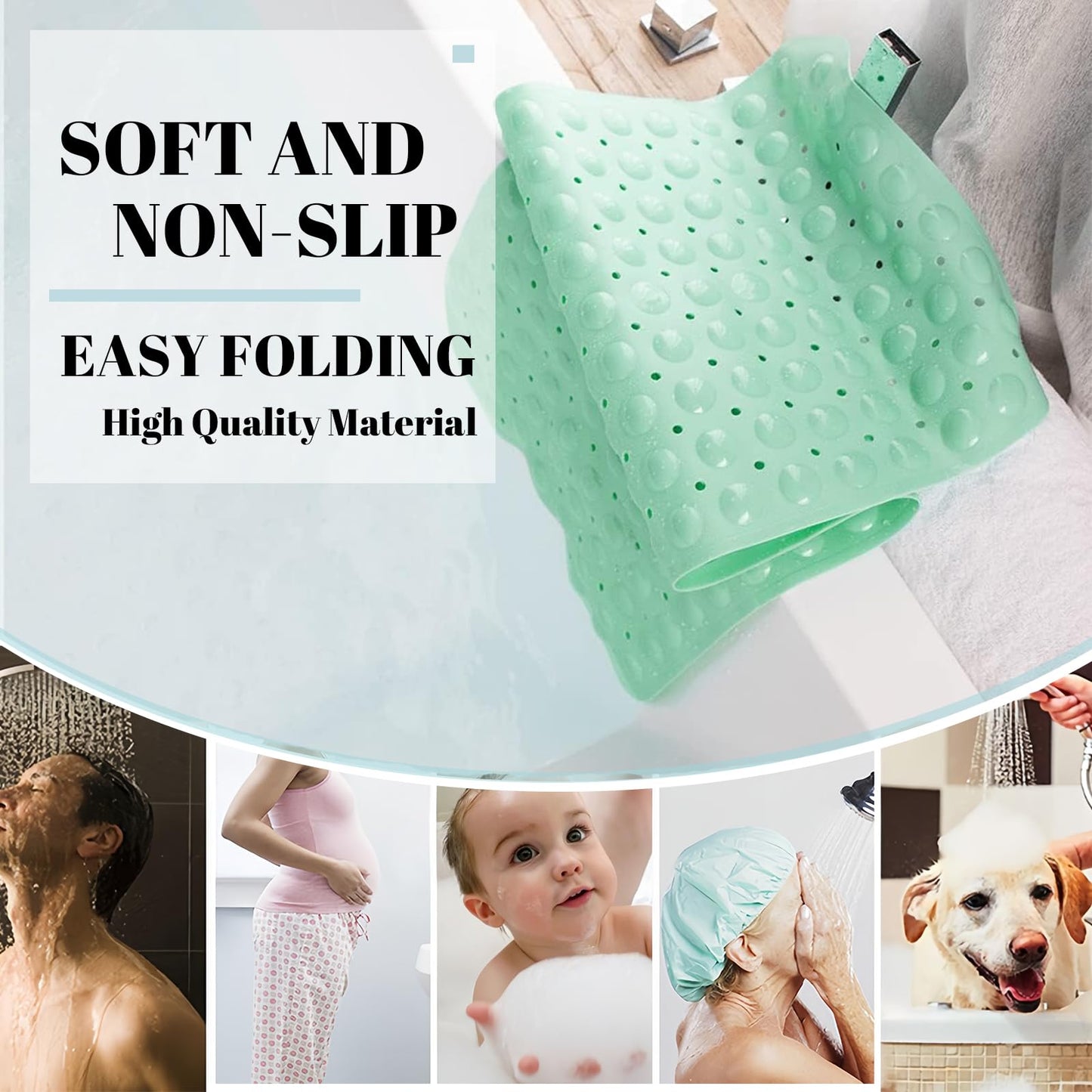 Shower Bath Mat 100x40cm,Extra Long Shower Mat Anti Mould Bath Mats Green,Non Slip Bath Mat for Tub,Shower Mats with Suction Cups,Drain Holes,Machine