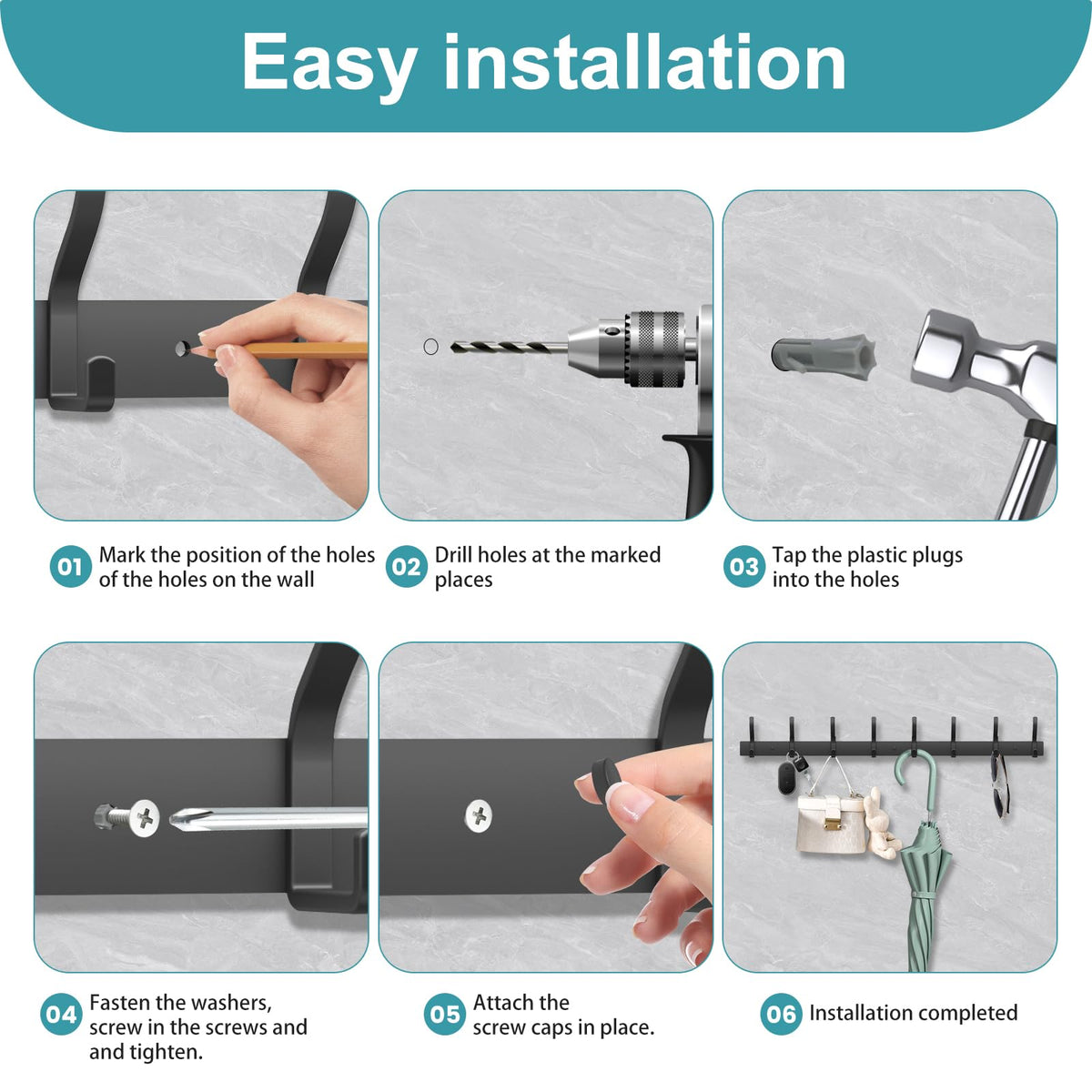 MEIJO Coat Hooks Wall Mounted Stainless Steel, Black Coat Rack Wall Mounted with 4 Hooks Heavy Duty Coat Hooks for Door, Bathroom, Bedroom, Kitchen