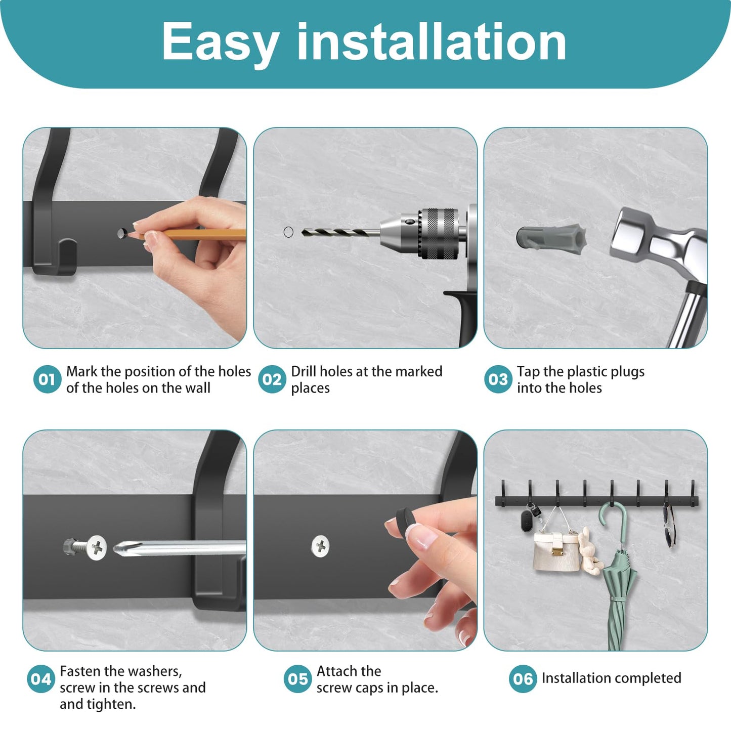 MEIJO Coat Hooks Wall Mounted Stainless Steel, Black Coat Rack Wall Mounted with 8 Hooks Heavy Duty Coat Hooks for Door, Bathroom, Bedroom, Kitchen