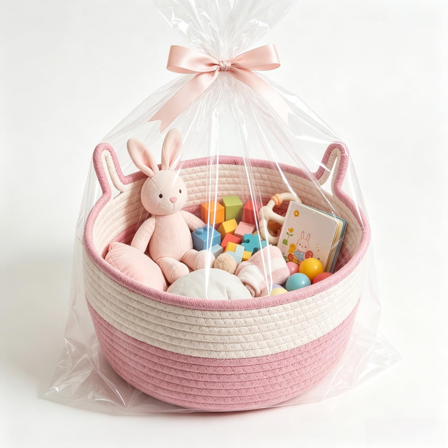 3 Pcs Pink Rabbit Basket,Cotton Rope Woven Empty Gift Hamper Baskets