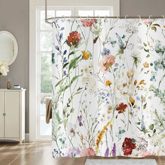 Hnmdmyi Floral Shower Curtain 180x180, Watercolor Colorful Flower Plant Butterfly Wildflowers Blossom Bathroom Curtains with Hooks Waterproof