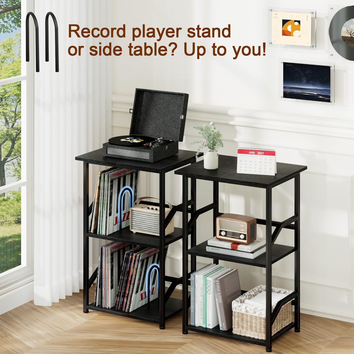 LOAKEKEL Record Player Stand, Vinyl Record Storage with Extra-Large Desktop