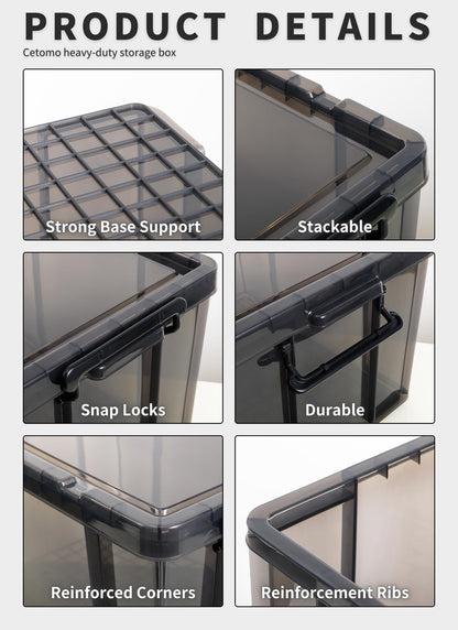 Cetomo 50L*3 Heavy-Duty Storage Boxes, Plastic Stackable Storage Box with Lids, Storage Bins with Reinforced Corners, Vertical Sides and Clip Closure