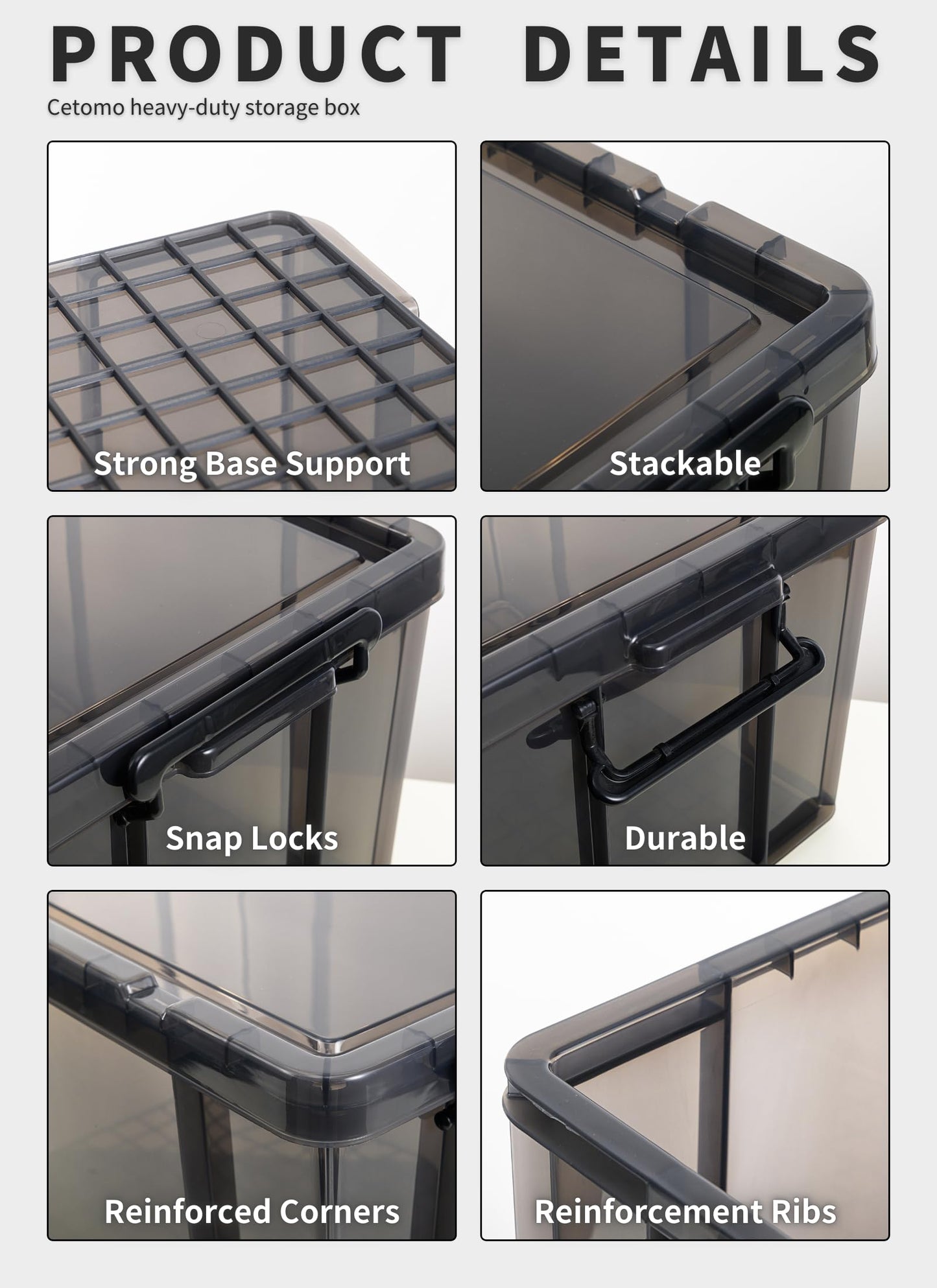 Cetomo 35L*3 Heavy-Duty Storage Boxes, Plastic Stackable Storage Box with Lids, Storage Bins with Reinforced Corners, Vertical Sides and Clip Closure